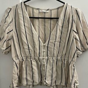 O'Neill Cream V-Neck Button-Front Peplum Top with Navy Stripes